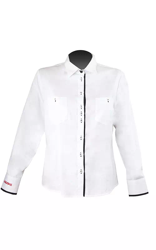 biała koszula z drobnymi guzikami i haftem