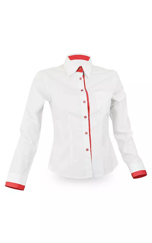 biała koszula z czerwonymi wstawkami