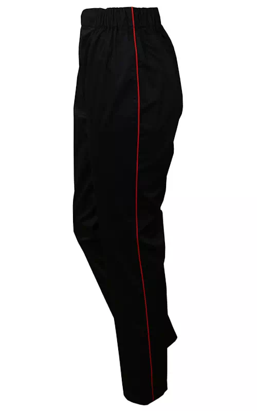 czarne spodnie z czerwoną lamówką